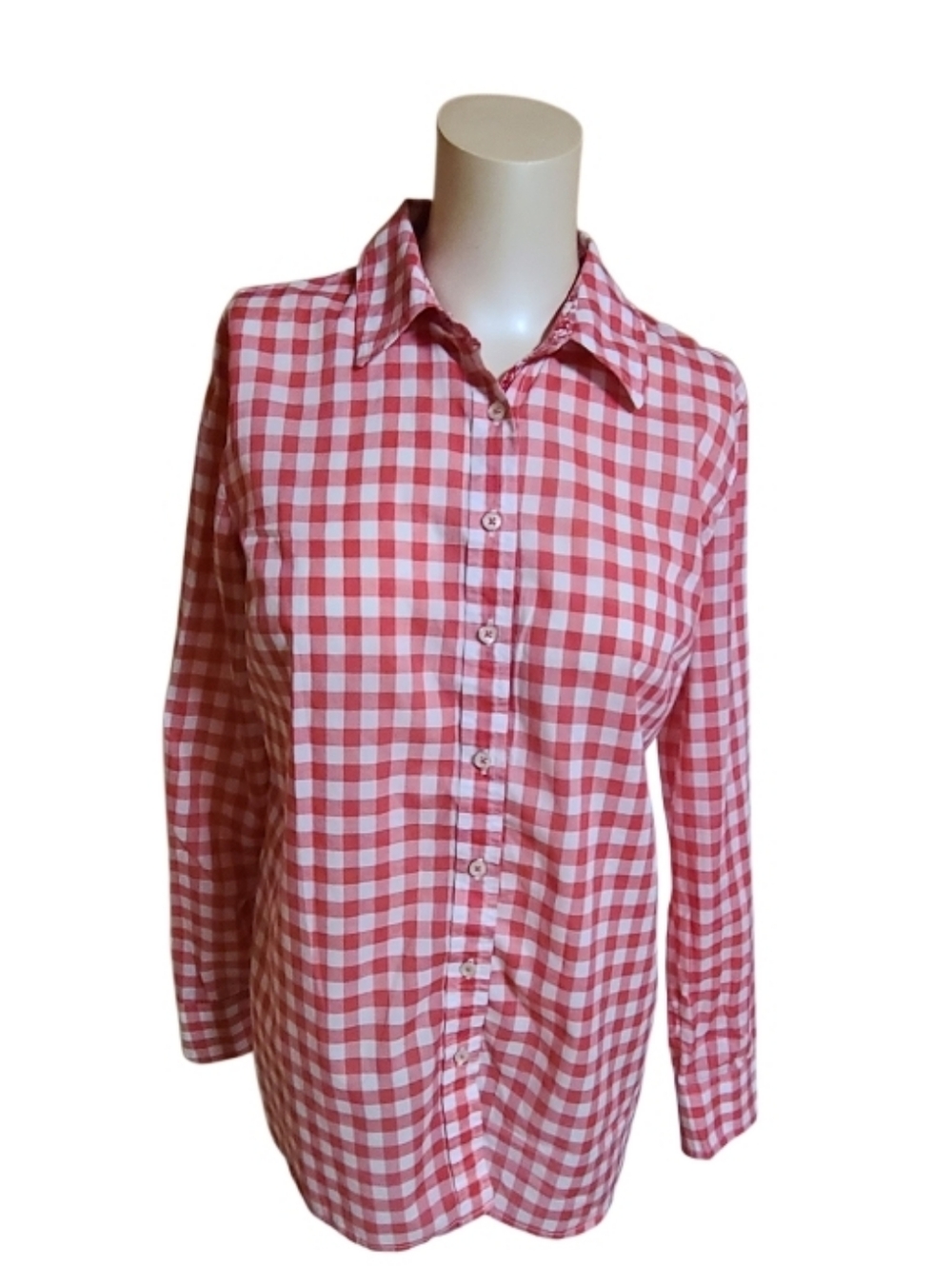 Talbots Red & White Gingham Button Down Shirt Floral Trim Size S